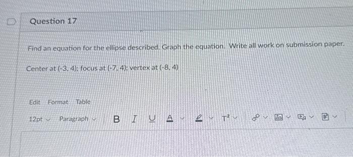 Solved Find an equation for the ellipse described. Graph the | Chegg.com
