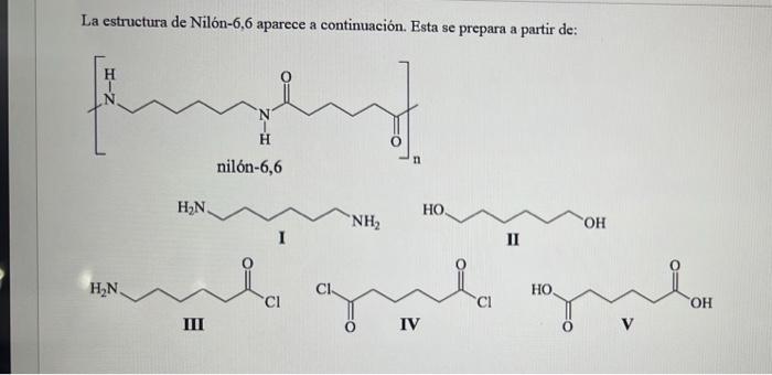 La estructura de Nilón-6,6 aparece a continuación. Esta se prepara a partir de: III