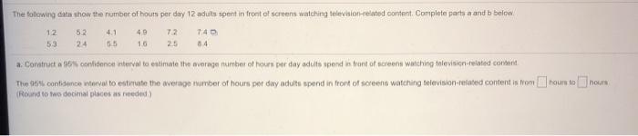 Solved The following data show the number of hours per day | Chegg.com