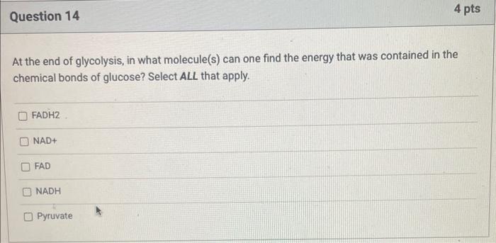 Solved At the end of glycolysis, in what molecule(s) can one | Chegg.com