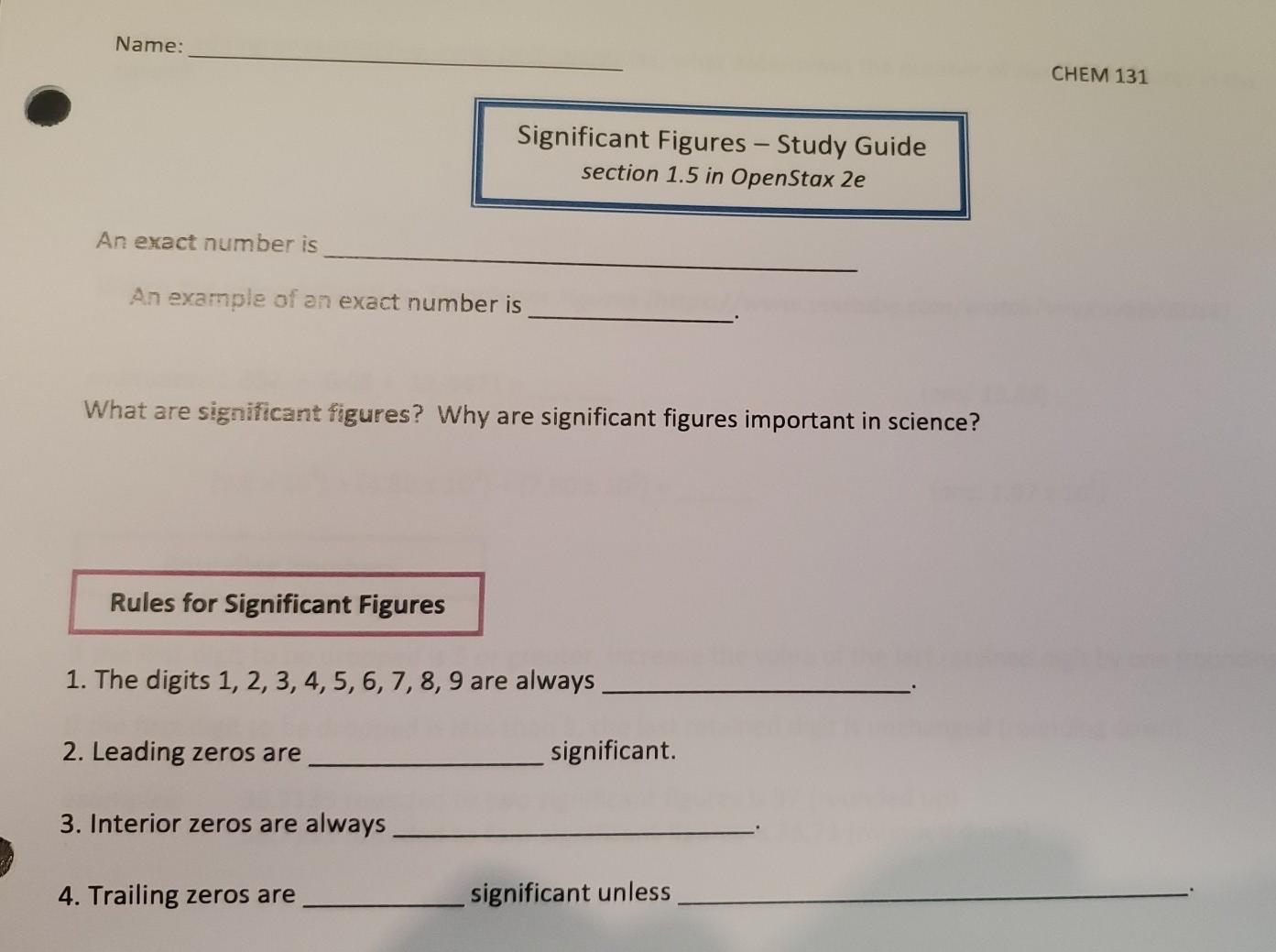 Solved Name: CHEM 131 Significant Figures - Study Guide | Chegg.com