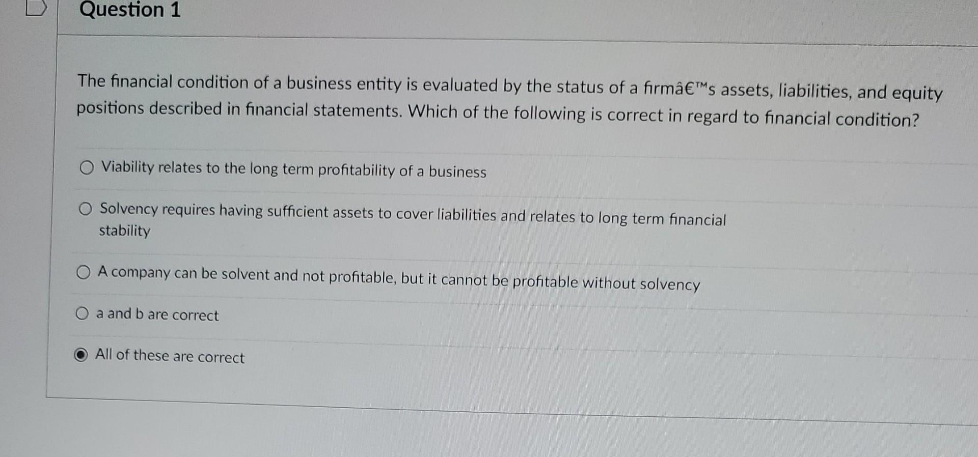 Financial Status Problem Solved The financial condition of a business entity is | Chegg.com
