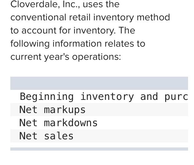 Solved Cloverdale, Inc., uses the conventional retail