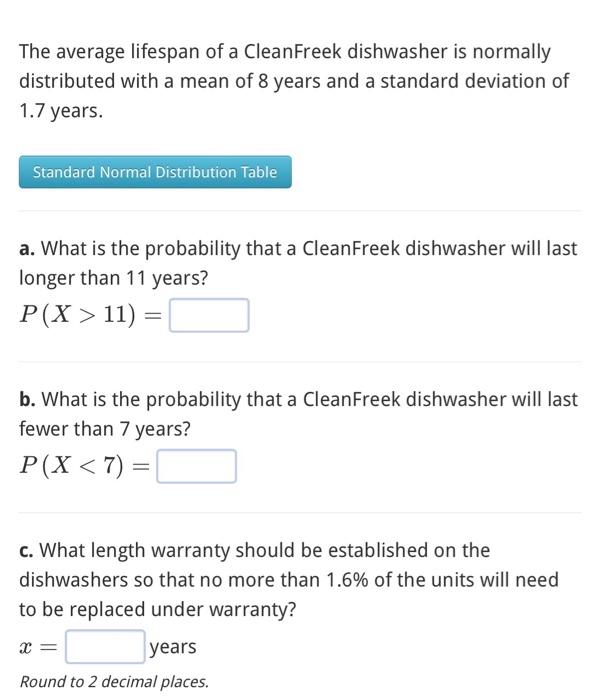 Solved The average lifespan of a CleanFreek dishwasher is