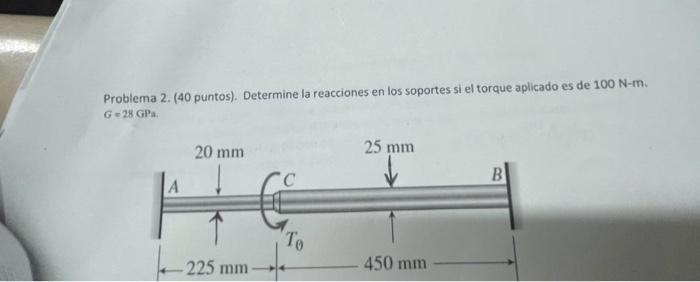 Problema 2. (40 puntos). Determine la reacciones en los soportes si el torque aplicado es de \( 100 \mathrm{~N}-\mathrm{m} \)