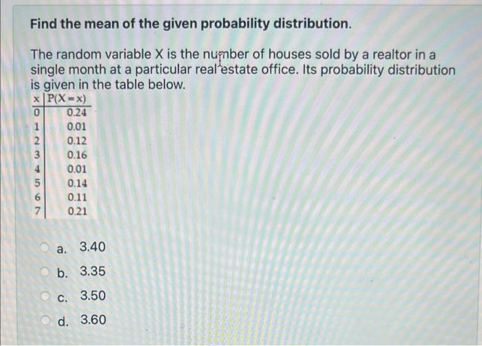 Solved Find the mean of the given probability distribution. | Chegg.com