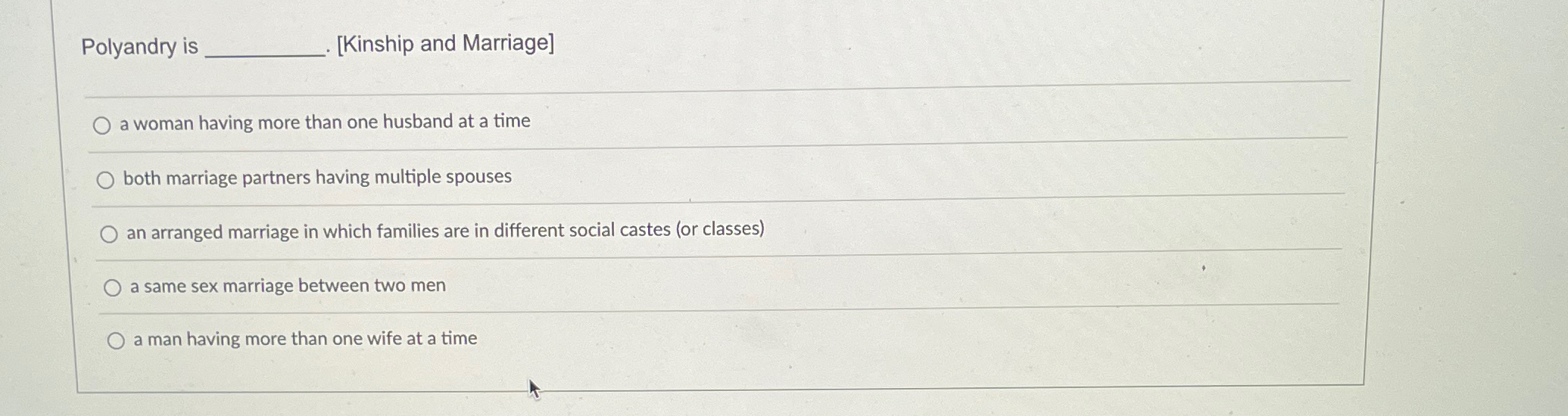 Solved Polyandry is ◻ [Kinship and Marriage] q,a woman | Chegg.com