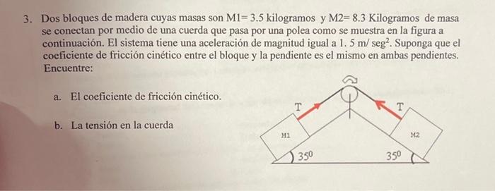 Dos bloques de madera cuyas masas son \( \mathrm{Ml}=3.5 \) kilogramos y \( \mathrm{M} 2=8.3 \) Kilogramos de masa se conecta