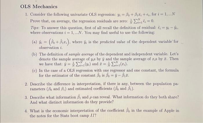 Solved OLS Mechanics 1. Consider The Following Univariate | Chegg.com