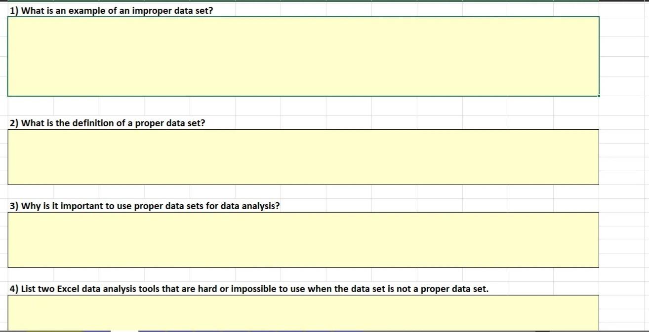 1) What is an example of an improper data set?
2) What is the definition of a proper data set?
3) Why is it important to use
