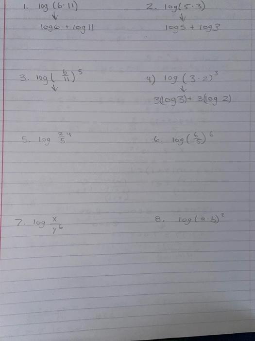 Solved 1. log(6⋅11)log6+log11 2. log(5⋅3)log5+log3 3. | Chegg.com