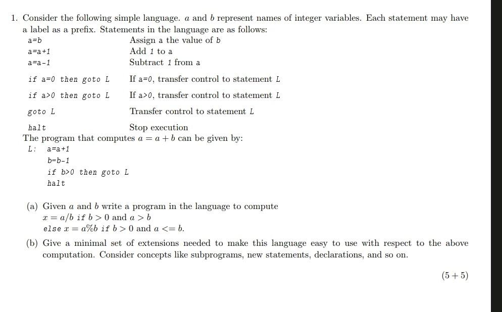 Solved 1. Consider The Following Simple Language. A And B | Chegg.com