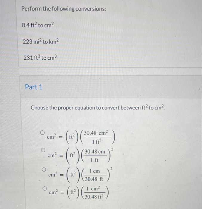 Solved Perform The Following Conversions: 8.4ft2 To | Chegg.com