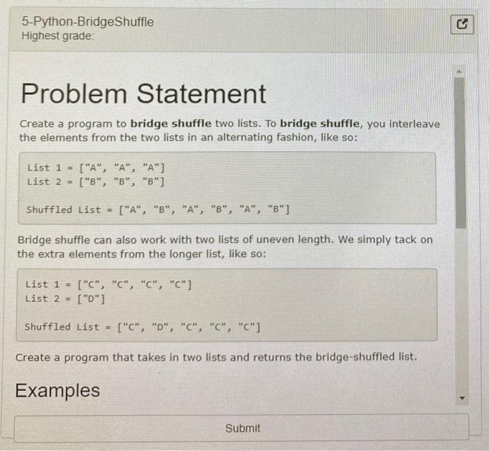 Solved 5 Python Bridgeshuffle Highest Grade Problem Stat Chegg Com