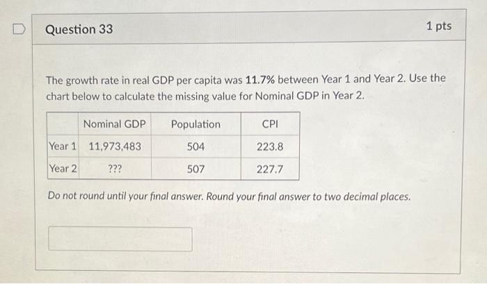 Solved D Question 33 1 pts The growth rate in real GDP per | Chegg.com