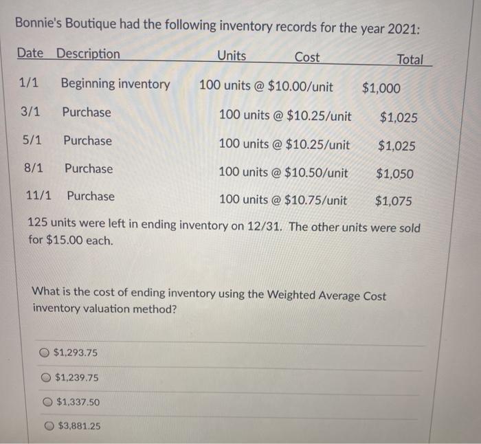 Solved Bonnie s Boutique had the following inventory records