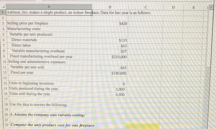 Solved Variable and Absorption Costing using Excel's SUM and | Chegg.com
