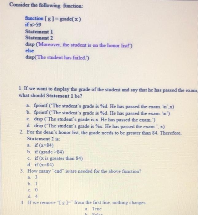 Solved Consider the following function: function [g]= grade( | Chegg.com