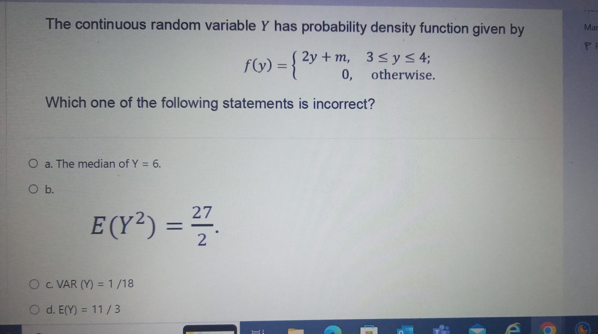 Solved The Continuous Random Variable Y Has Probability | Chegg.com