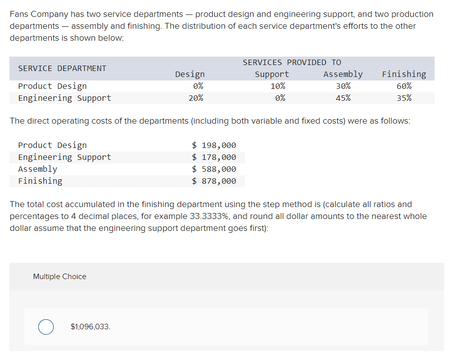 Solved Fans Company has two service departments - ﻿product | Chegg.com