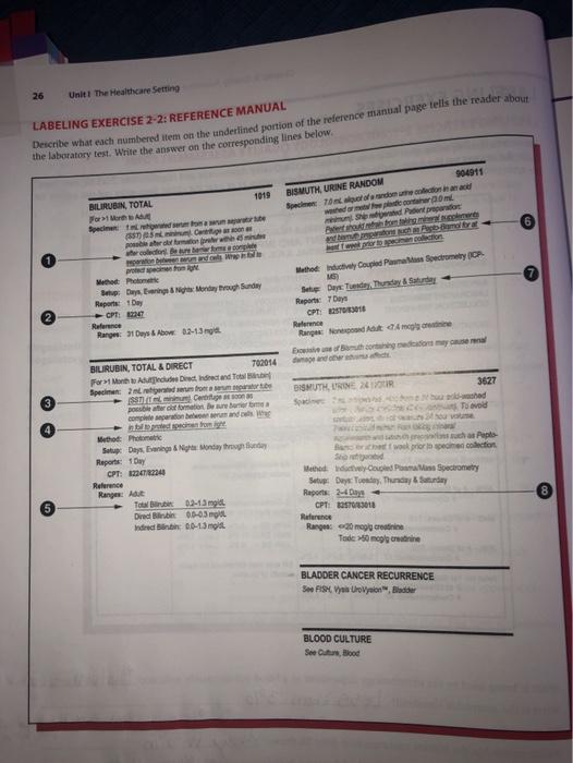 26 Unit! The Healthcare Setting LABELING EXERCISE 2-2: REFERENCE MANUAL Describe what each numbered tem on the underlined por