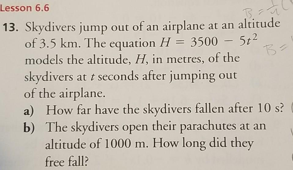 Solved Lesson 6.6 B7 13. Skydivers jump out of an airplane | Chegg.com