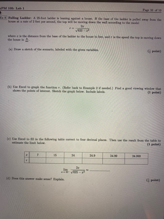 Solved APM 105 Lab 1 Page 10 of 10 Ex 8 Falling Ladder A Chegg