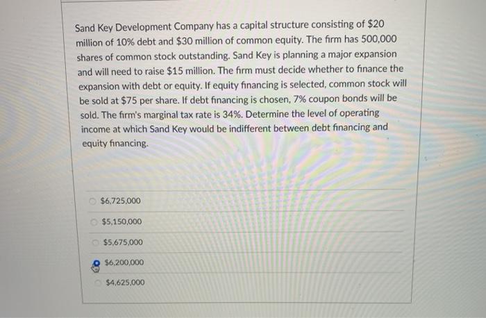 Solved Sand Key Development Company has a capital structure | Chegg.com