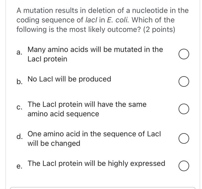 Solved A mutation results in deletion of a nucleotide in the | Chegg.com