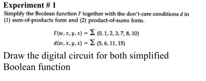 Solved Experiment #1 Simplify the Boolean function F | Chegg.com