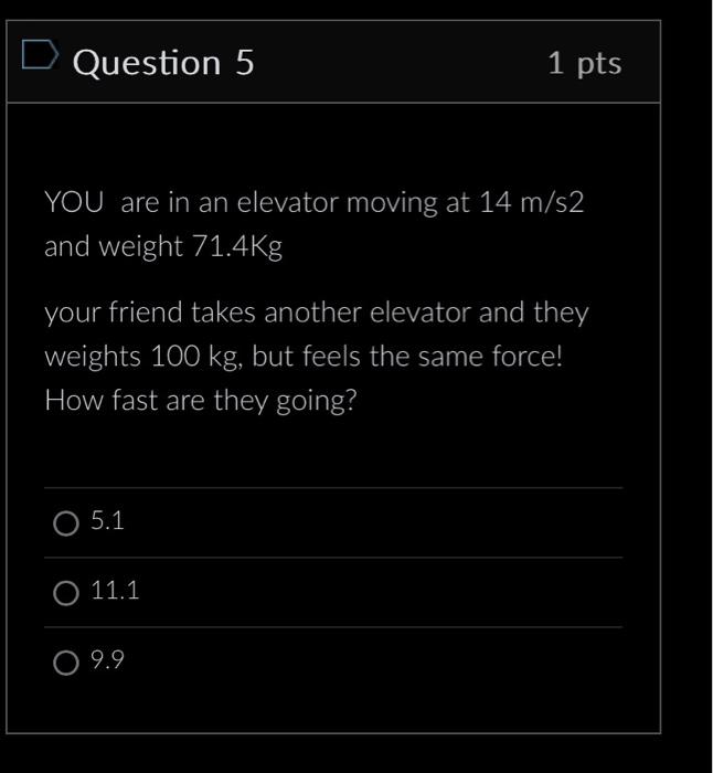 Solved Question 5 1 pts YOU are in an elevator moving at 14 | Chegg.com