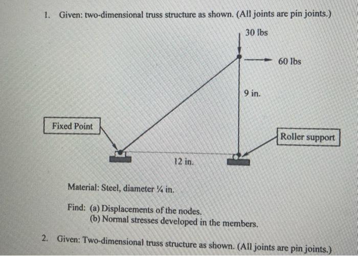 Solved 1. Given: two-dimensional truss structure as shown. | Chegg.com