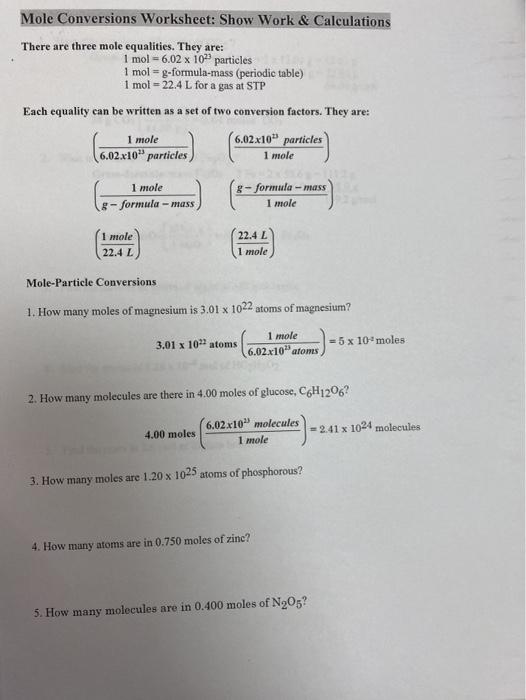 Solved Mole Conversions Worksheet: Show Work & Calculations | Chegg.com