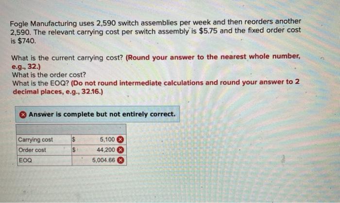 Solved Fogle Manufacturing uses 2,590 switch assemblies per | Chegg.com