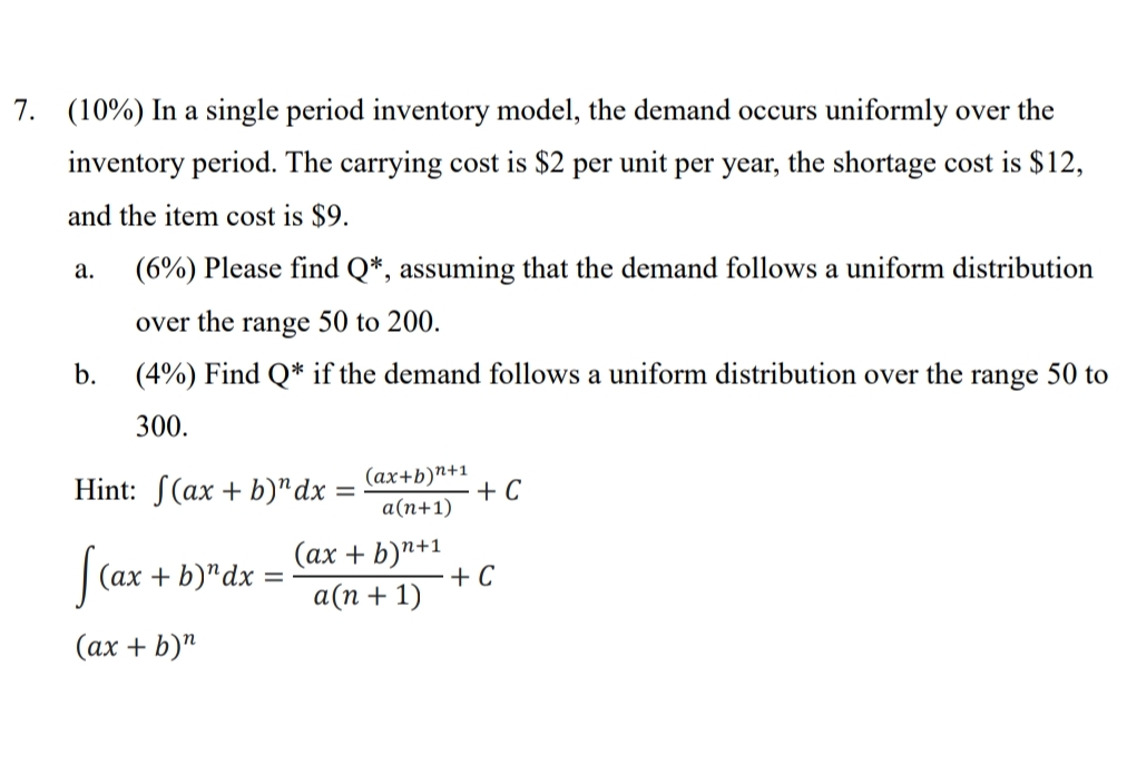 Solved (10%) ﻿In a single period inventory model, the demand | Chegg.com