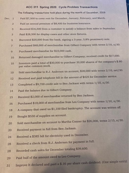 Solved ACC 311 Spring 2020 Cycle Problem Transactions The | Chegg.com