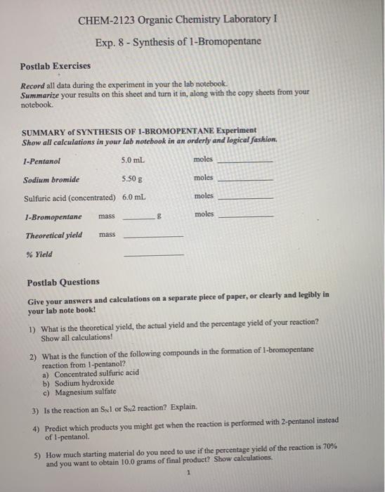 Solved CHEM-2123 Organic Chemistry Laboratory I Exp. 8 - | Chegg.com