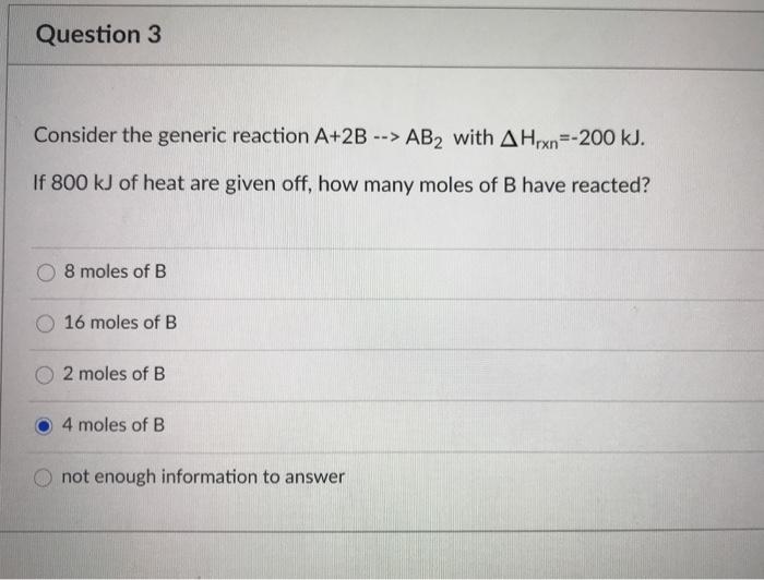 Solved Question 3 Consider the generic reaction A+2B --> AB2 | Chegg.com