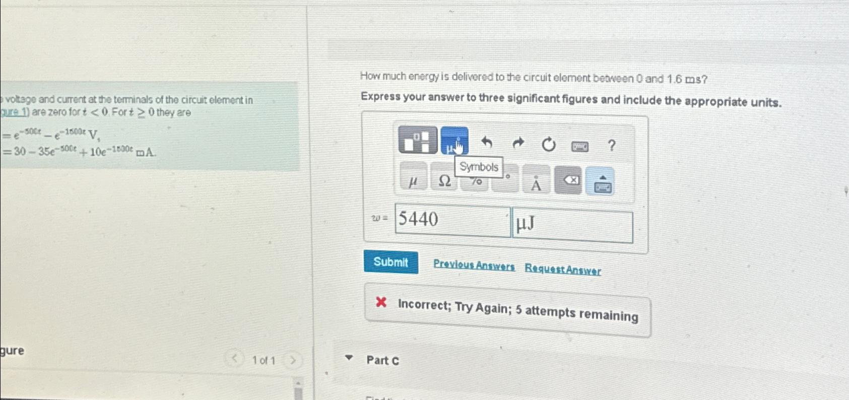 Solved How much energy is delivered to the circuit element | Chegg.com