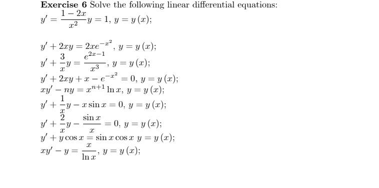 \( y^{\prime}=\frac{1-2 x}{x^{2}} y=1, y=y(x) \) \( \begin{array}{l}y^{\prime}+2 x y=2 x e^{-x^{2}}, y=y(x) ; \\ y^{\prime}+\