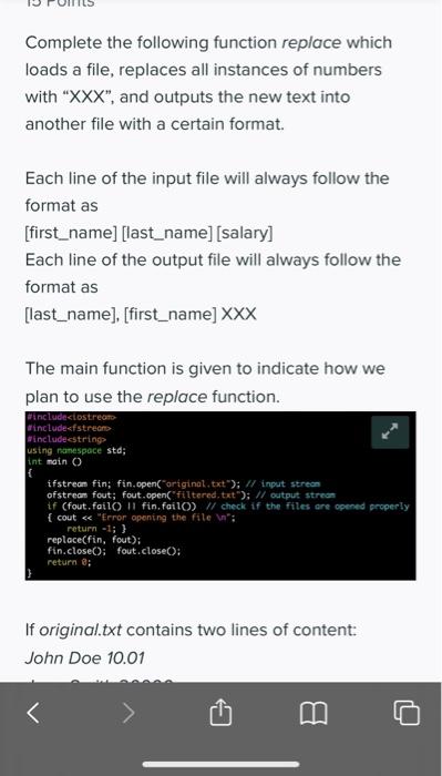 Solved Complete the following function replace which loads a | Chegg.com