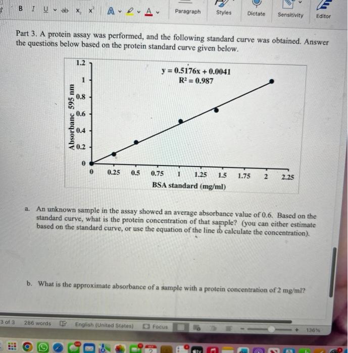 Solved Part 3. A protein assay was performed, and the | Chegg.com