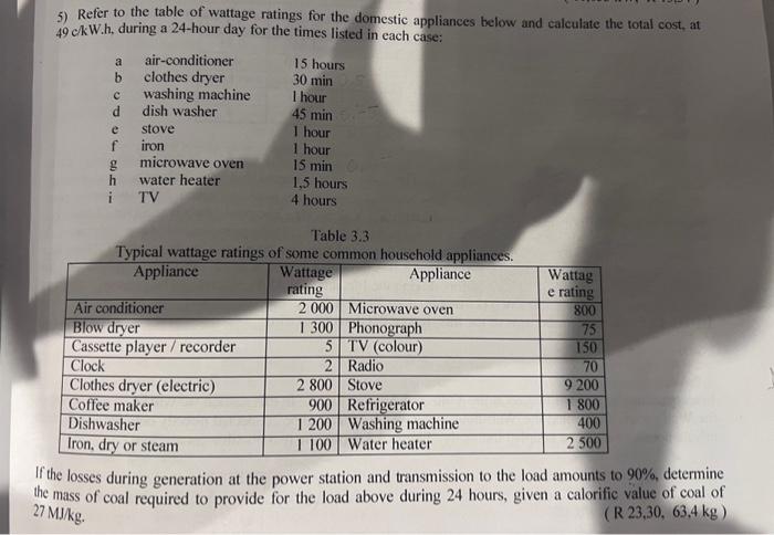 Solved 5) Refer to the table of wattage ratings for the | Chegg.com