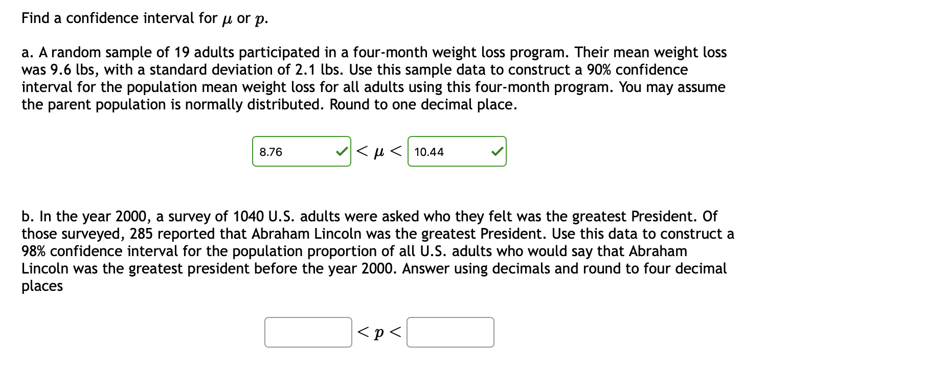 Solved Find a confidence interval for \( \mu \) ﻿or \( ﻿p | Chegg.com