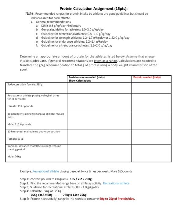 Solved Protein Calculation Assignment (15pts) Note