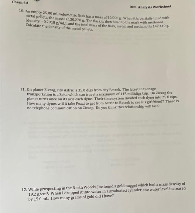 Solved Chem 4A PART II: DIMENSIONAL ANALYSIS AND DENSITY | Chegg.com