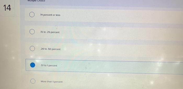 Multiple Choice o 4 percent or less o О 15 to 25 реrсеnt o 26 tо 50 percent o 51 to 1 percent o More than 1 percent