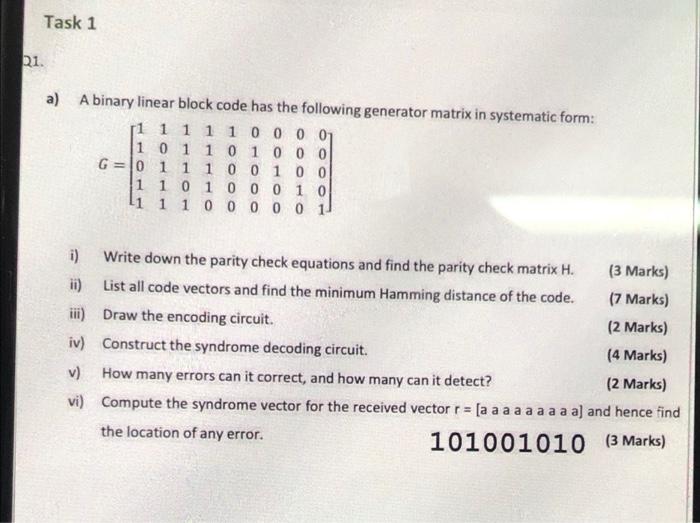 Solved Task 1 Q1. A) A Binary Linear Block Code Has The | Chegg.com