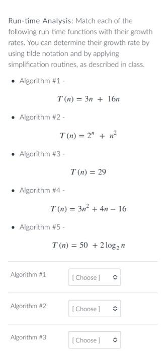 Solved Run Time Analysis Match Each Of The Following