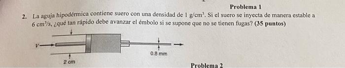 2. La aguja hipodérmica contiene suero con una densidad de \( 1 \mathrm{~g} / \mathrm{cm}^{3} \). Si el suero se inyecta de m